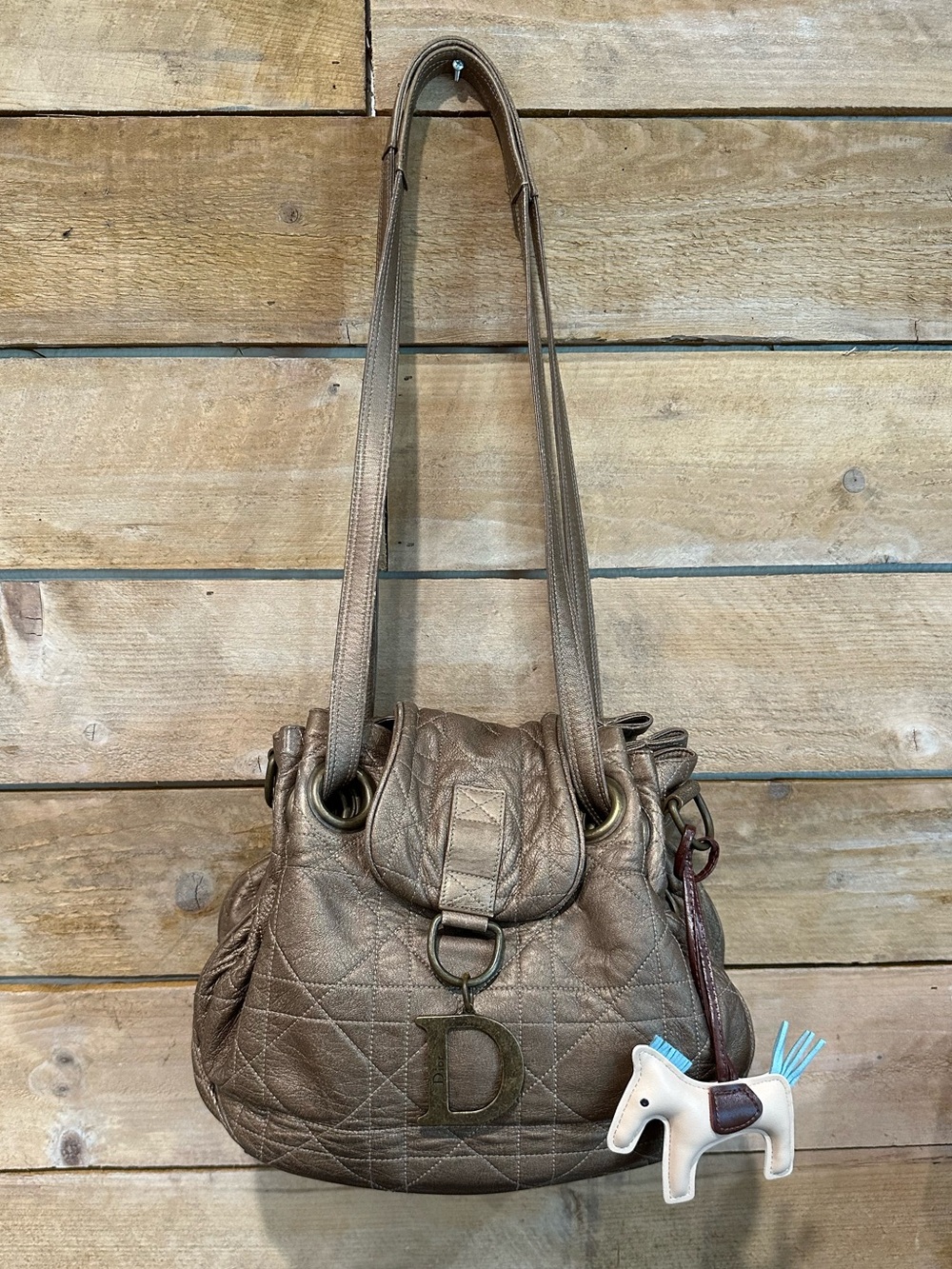 Christian Dior Metallic Bronze Cannage Leather Hobo Slouchy Shoulder Bag